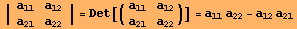 | {{a_11, a_12}, {a_21, a_22}} | = Det[({{a_11, a_12}, {a_21, a_22}})] = a_11 a_22 - a_12 a_21