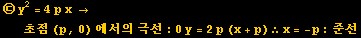 ㉢ y^2 = 4p x &rarr;초점 (p, 0) 에서의 극선 : 0y = 2p (x + p) &there4;x = -p : 준선