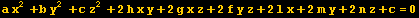 a x^2＋b y^2＋c z^2＋2 h x y＋2 g x z＋2 f y z＋2 l x＋2 m y＋2 n z＋c＝0