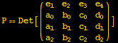 P == Det[({{e_1, e_2, e_3, e_4}, {a_0, b_0, c_0, d_0}, {a_1, b_1, c_1, d_1}, {a_2, b_2, c_2, d_2}})]