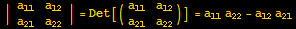 | {{a_11, a_12}, {a_21, a_22}} | = Det[({{a_11, a_12}, {a_21, a_22}})] = a_11 a_22 - a_12 a_21