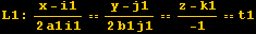 L1 : (x - i1)/(2a1 i1) == (y - j1)/(2b1 j1) == (z - k1)/-1 == t1