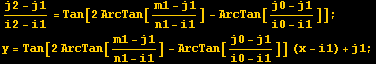 (j2 - j1)/(i2 - i1) = Tan[2 ArcTan[(m1 - j1)/(n1 - i1)] - ArcTan[(j0 - j1)/(i0 - i1)]] ; y = Tan[2 ArcTan[(m1 - j1)/(n1 - i1)] - ArcTan[(j0 - j1)/(i0 - i1)]] (x - i1) + j1 ;