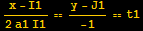 (x - I1)/(2 a1 I1) == (y - J1)/-1 == t1