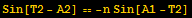 Sin[T2 - A2] == -n Sin[A1 - T2]
