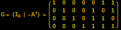 G = (I_k | -A) = ( {{1, 0, 0, 0, 0, 1, 1}, {0, 1, 0, 0, 1, 0, 1}, {0, 0, 1, 0, 1, 1, 0}, {0, 0, 0, 1, 1, 1, 1}} )