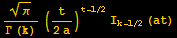 π^(1/2)/(Γ (k)) (t/(2a))^(t - 1/2) I_ (k - 1/2) (at)