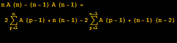 n A (n) - (n - 1) A (n - 1) = 2Underoverscript[∑, p = 1, arg3] A (p - 1) + n (n - 1) - 2Underoverscript[∑, p = 1, arg3] A (p - 1) + (n - 1) (n - 2) 